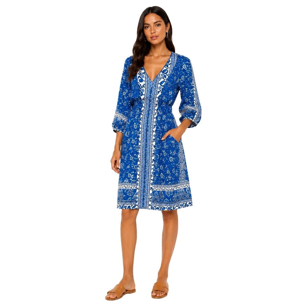 Boho Midi Dress Floral Paisley Blue White Empire Waist Grandmacore Cottagecore M
